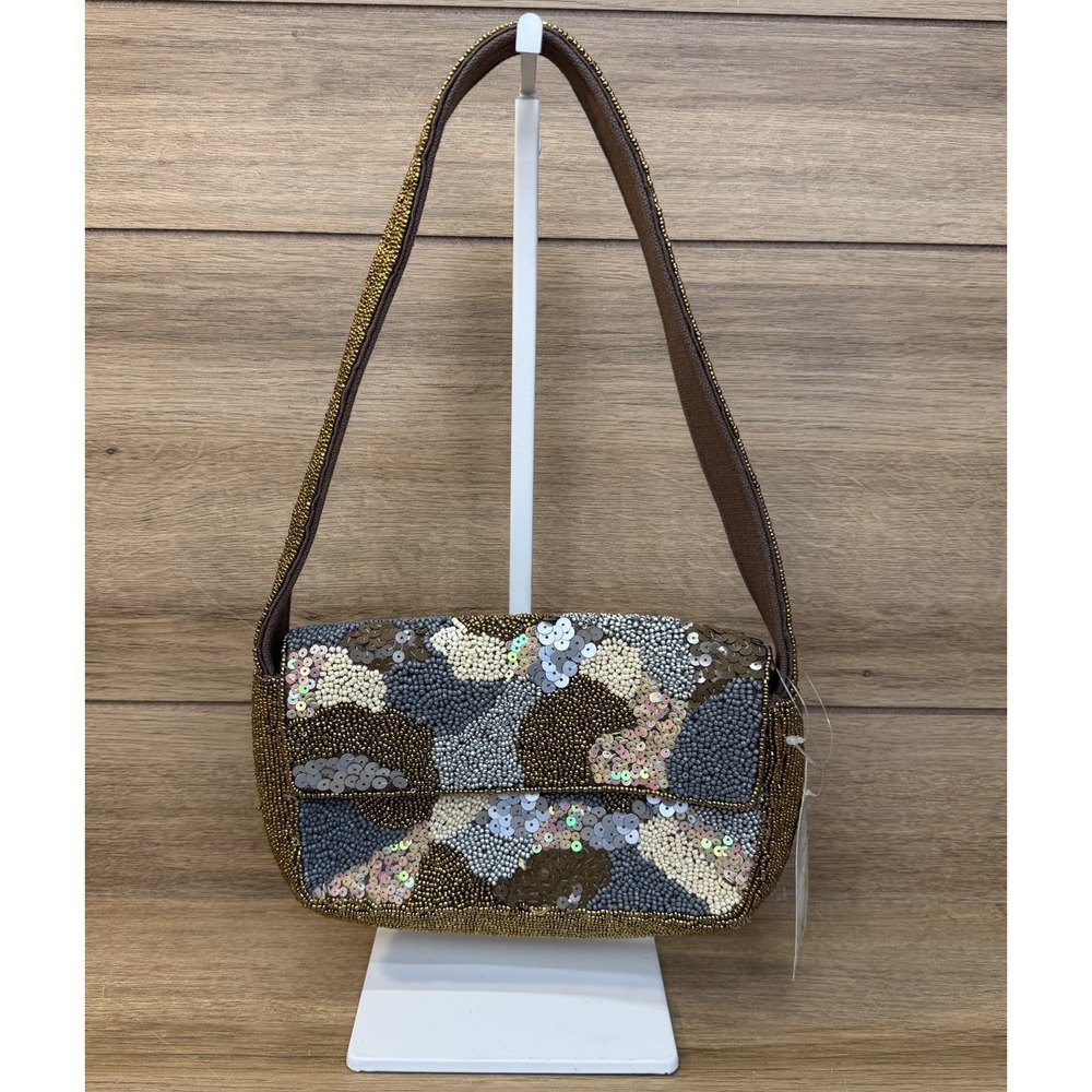 America & Beyond Express Camouflage Beaded Sequin Shoulder Baguette Flap Bag NWT